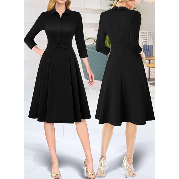 Women's Business Casual Dress V Neck Bow Belt Pockets A Line Fit Office - Picture 2 of 6